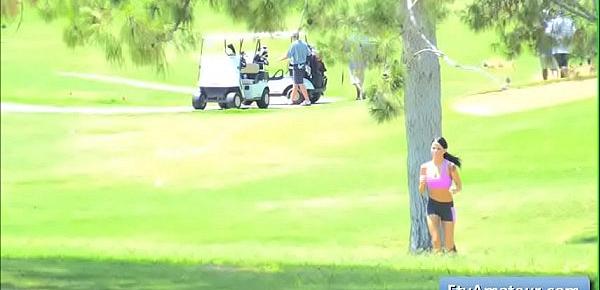  Sexy young cutie brunette amateur Mya gets fully naked and run on the golf course in public